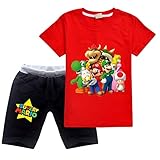 Jungen Super Mario Drucken T-Shirt & Kurze Hose Baumwoll-Kleidungsset Sportanzüge Mädchen Sommer Kurzarm Pyjama (red, 5-6 Jahre)