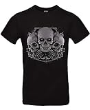 Smilo & Bron Herren T-Shirt mit Motiv Three Skulls Bedruckt Schwarz Black L