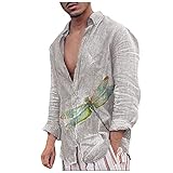 COOFANIN Weihnachtshemd, grauer Schmetterling, bedruckt, Patchwork, langärmlig, Umlegekragen, Button-Down-T-Shirt, leicht, dünn, schmale Passform, Polos, Herbst und Frühling, grau, L