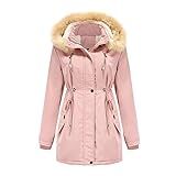 Deloito Winterjacke Damen Trenchcoat mit Fellkapuze Plüschjacke Lange Wintermantel Jacke Outwear Warm Steppmantel Dicke Parka Coat Winddichtes Outdoorjacke Mäntel Funktionsjacke mit F