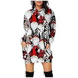 KGLHTYU Weihnachten Hoodie Kleid Damen Mit Kapuze Lang Pulloverkleid Oversize Minikleid Langarm Minikleid Festlich Weihnachtspullover Rentier Print Freizeit Kapuzenpullover Schwarz,S-3XL