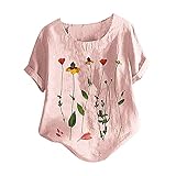 Fishoney Damen Sommer Retro Bluse Kurzarm Rundhals Print Plus Size Lose Casual T-Shirt Home Party Arbeiten Outdoor Sport Frauen Kleidung, rose, X-Larg