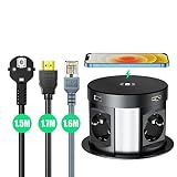 Versenkbar Steckdosenturm mit USB, Versenkbare Tischsteckdose, 4 Fach Steckdose Autoausfahrbare Einbausteckdose mit Wireless Charger, 2 USB, 2 RJ45, 1 HDMI Netzwerkanschlüssen, 3680W/16A - Schw