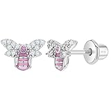 In Season Jewelry 925 Sterling Silber Junge Mädchen Weiß & Pink Cubic Zirkonia & Rosa Emaille Hummel Schraubverschluss Ohrringe - Biene Liebhaber Kinder Ohrringe mit Sicherheit Schraube Verriegelung