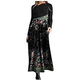 Masrin Herbst Kleid Damen Vintage Ethnic Style 3D Druck Swing Kleid Skaterkleid mit Farbblock Patchwork A Linien Kleid mit O Ausschnitt und Langen Ärmeln Party Kleid Elegantes lang