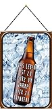 Tin Sign Retro Blechschild 20x30 cm Leben ist zu kurz für warmes Bier Party Pub Feier Spruch mit Kordel zum Aufhängen Bar Kneipe Wand Deko Sammler Geschenk