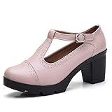 Mary Jane Damen T-Strap Schuhe Vintage Blockabsatz Schnalle Riemen Stoßfest Runde Zehen Party Schuhe für Damen, - hellrosa - Größe: 38.5 EU