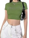 Damen E-Girl Sommer Y2K Kurzarm Crop Top Glänzend Hot Drill Strass Cosmic Letter T-Shirt Navel Slim Vest Club Streetwear, grün, Larg