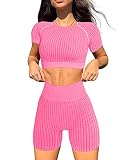 OYS Damen Seamless Workout Set 2-teilig Hohe Taille Yoga Gym Shorts Outfits Laufen Active Crop Top Kleidung - Rot - S
