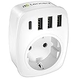 LENCENT USB Steckdose Mehrfachstecker EU Adapter 5-in-1 Steckdosenadapter mit 3 USB Ladegerät Anschlüße 2,4A, 1 Typ-C Port 3A, Wand Steckdose Schuko 4000W Stromadapter Stecker mit Kindersicherung Weiß