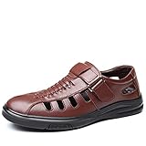 CAIFENG Modische perforierte Halbschuhe für Herren, atmungsaktiv, lässig, Schlupfschuhe mit Klettverschluss, echtes Leder, geschlossene Zehenpartie, flach, einfarbig, braun, Größe: 38