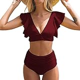 JINGJI Bikini Damen Damen Outfit Set Frauen Hohe Taille Bikini Push Up Bikinis Print Badeanzug Weibliche Bademode Bademode Wein S