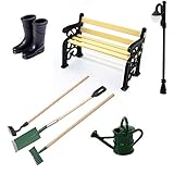witgift Miniatur Puppenhaus Set Gartengeräte + Gummistiefel +Gießkanne +Parkbank+Straßenlampe Mini Ornament Garten Möbel Dek