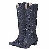 MIAOFA Damen Western Cowboystiefel, Modische Strass Niedriger Mittlerer Blockabsatz Weite Wade Cowgirl Stiefel, Winter Bestickte Snip Toe Kleid Stiefel,Schwarz,40