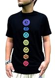 Schwarzes Chakra T-Shirt für Yoga, Meditation mit den 7 Chakren in Regenbogenfarb