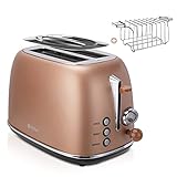 Wiltal Toaster Retro 2 Scheiben 6 Einstellbare Bräunungstufen，Edelstahl mit hochwertige Brötchenaufsatz Aufwärmen-Auftauen-Abbrechenfuktion，Countdown-Anzeige，Schnell-Toast-Technologie (Bronze)