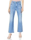 Moschino Love Womens Denim 5-Pockets Cropped Flare fit Trousers, Frayed Hem_Maxi Rainbow Shiny Satin Heart Casual Pants, Blue Jeans, 28