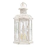 JHY DESIGN Dekorative Laternen 25 cm Hohe Hängen Laterne Metall Kerzenhalter Vintage Windlicht Gartenlaterne für Innen Wohnzimmer Paritäten Hochzeit Garten Balkon Outdoor Draußen(Weiß mit Goldpinsel)