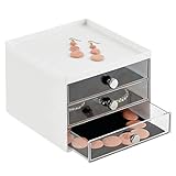 mDesign Schmuck Organizer – Aufbewahrungsbox aus transparentem Kunststoff mit DREI Schubladen – Schmuckaufbewahrung für Kommode oder Waschtisch – weiß/durchsichtig