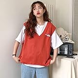 LYHMHZ Internet-Celebrity Solide Farbe Kurzarm T-Shirt Frauen Super Beliebte Koreanische Stil Sommer V-Ausschnitt Loch Weste Zweiteilig Set (Color : Orange, Size : XL)