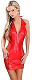 MISS NOIR Damen MiniKleid im Wetlook Clubwear Partykleid Mesh-Einsätze V-Ausschnitt Lederlook (XXXL, Rot) L118D-RD