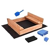 Sandkasten mit Deckel Sandbox Imprägniert 120x120 Sandkiste mit Sitzbänken Holz Spielzeug