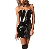 Wonder Pretty Damen Schwarz Korsett Kleid Steampunk Sexy Gothic Wetlook PVC Leder Vollbrust Lang Corsage M