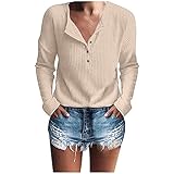Damen Casual Waffelstrick Tunika Tops Lose Langarm Button Up V-Ausschnitt Henley S