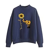 Damen-Sweatshirt mit Sonnenblumen-Aufdruck, modisch, lässig, Rundhalsausschnitt, langärmelig, locker, solider Damen-Sport-Top, dunkelblau, 38