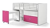 Jugendmöbel24.de Hochbett Tomek weiß/pink inklusive Schreibtisch und Lattenrostplatte EN 747-1+2 Kinderzimmer Multifunktionsbett Kinderbett Halbhochb