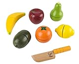 Hape Küchenspielset Frische Früchte von Hape| Preisgekröntes Koch-Nachahmungsspiel aus Holz für Kinder, Obstscheiben mit Klettverschluss und Spielzeugmesser zur Förderung gesunder Essgew