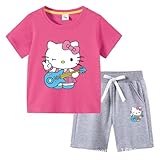 EA-SDN Karikatur Katze T-Shirt Set Mädchen Anime Tshirt + Sport 100% Baumwolle T-Shirts 3D Drucken Süße Katze Unisex 3-8 Jahre Alt (Rose Rot,100)