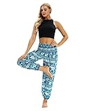 URVIP Damen's Hochwertige Mode Gedruckte Hosen Geräupfte Taile Harem Hippie Boho Yoga Palazzo Casual Sporthose Fitnesshose Workout Stretch Leggings Bloomers One Size YCI-038