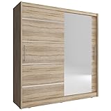 Furniture24 Schwebetürenschrank Maja I ALU 200 cm Kleiderschrank, Schrank, Schlafzimmerschrank mit Spiegel Kleiderstange Einlegeboden (Sonoma Eiche)