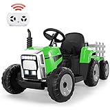 Elektro Traktor mit Anhänger, 12V 7Ah Batterie Elektrischer Traktor mit 2.4G Fernbedienung, 2 + 1 Gangschaltung, Hupe, Bluetooth, USB-Anschluss, MP3-Player, 7 LED-Scheinwerfer (Grün)