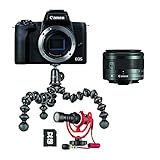Canon EOS M50 Mark II Vlogger Kit Kamera + Objektiv EF-M 15-45mm F3.5-5.6 IS STM + Røde Mikrofon + Joby Gorillapod 1K Stativ + SD Karte 32GB (24,1 MP, Touch LCD, WLAN, Bluetooth) schw