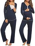 MAXMODA Damen Stillpyjama Still Schlafanzug Lang Pyjama Schwangere Umstandsmode mit Knopfleiste Umstandspyjama Lang Winter Marineblau S