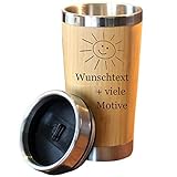 Kaffeebecher mit Namen + Motiv Gravur in Holz Optik, Isolierbecher groß 0,4 L für Coffee to go, Kaffee Edelstahlbecher mit Deckel zum Mitnehmen, personalisiertes Geschenk