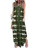 ACHIOOWA Damen Batik Sommerkleid Lang Casual Maxikleid V-Ausschnitt Ärmellos Freizeitkleid Grün M