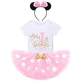 Baby Mädchen 1./2. Geburtstag Outfit Prinzessin Minnie Polka Dot Kostüm Kurzarm Strampler Top Shirt + Pailletten Bowknot Tüll Tutu + Maus Ohr Stirnband Kleinkind Fotoshooting R