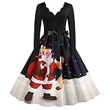 Damen Weihnachten Kleider Langarm Vintage 1950er Großes Pendel Hepburn Weihnachtskleider Cocktailkleid Druck Abendkleider Partykleid Blumenspitze Elegantes A-Linie Festlich Retro Swing Kleid D