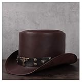 RTFGJ Elegant Retro Herbst Winter Leder Kühle Hochzeit Top Hut Damen Männer Kuhnieten Retro Dekoration Präsidenten Flache Fedora Cosplay Partyhut (Color : Coffee, Size : 56-57CM)
