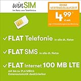 Handyvertrag winSIM LTE All 100 MB - ohne Vertragslaufzeit (FLAT Internet 100 MB LTE mit max. 21,6 MBit/s mit deaktivierbarer Datenautomatik, FLAT Telefonie, FLAT SMS und EU-Ausland, 4,99 Euro/Monat)