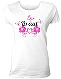 Damen T-Shirt für den Junggesellinnenabschied mit Motiv Braut (mit Hibiskusblüten und Schmetterlingen) (Frauen/Braut) in Weiss, Größe L