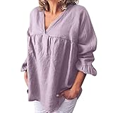 JYSDZSE Top aus Baumwolle und Leinen für Damen, Sommermode, V-Ausschnitt, gerüscht, halblange Ärmel, einfarbig, Urlaub, lässig, locker, Strand, Farbe: Violett, Einheitsgröß