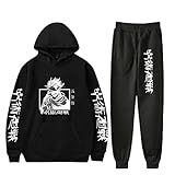 EDMKO Jujutsu Kaisen Anime Hoodie Und Hosen Herren Damen Gojo Satoru Cosplay Jogging-Anzug Trainings Kapuzenpullover Sweatshirt Sweathose Set Casual Street Fashion,Schwarz,L