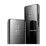 58I Samsung Galaxy S6 Hülle, Clear View Standing Cover Galaxy S6 Handyhülle für Herren&Mädchen, Flip Cover Make-Up Spiegel Schutzhülle PU Handyhülle mit Kickstand für Galaxy S6. (Schwarz)