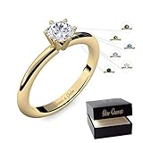 Verlobungsring Gelbgold vergoldet PERSONALISIERT + ETUI mit individueller GRAVUR Damen-Ring Heiratsantrag Solitär-Ring Zirkonia Aquamarin Turmalin Blautopas Peridot Rauchquarz Sterling Silber 925