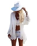 PANAX Damen Strand Chiffon Cardigan Weiß mit Spitze - Sommer Urlaub Poncho Bikini Cover up StyleA Weiß