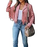 Damen Faux Leder Quaste Jacke Vintage Revers Langarm Cropped Hippie Motor Biker Kurze Strickjacke mit Fransen, rose, 42